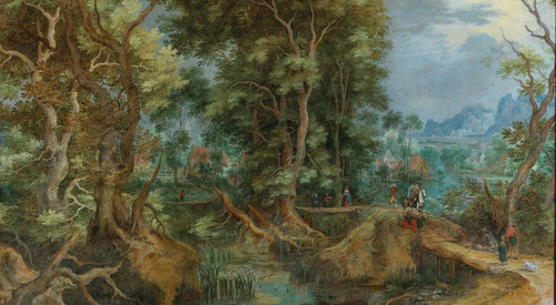 Digital Print - An extensive wooded landscape with a village and a town by the mountains beyond by Gillis van Coninxloo