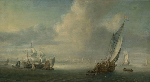 Digital Print - Marine view with a port in the background by Abraham de Verwer