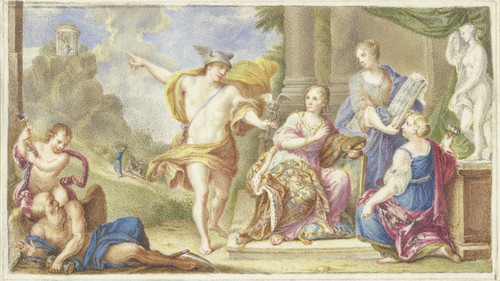 Digital Print - Merkur zeigt den Knsten den Weg zu einem auf einer steilen Anhhe stehenden Heiligtum by Arnold Houbraken