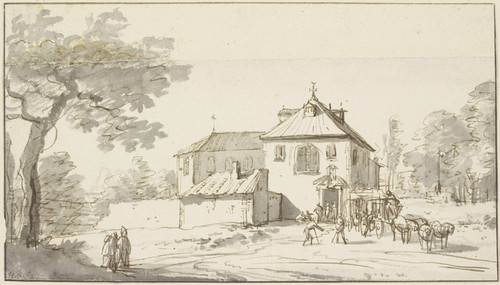 Digital Print - Vor einem Kloster hlt ein vierspnniger Wagen by Hendrik Verschuring