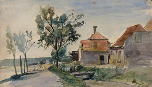 Digital Print - A Stream Running between Houses and a Road by Johan Barthold Jongkind