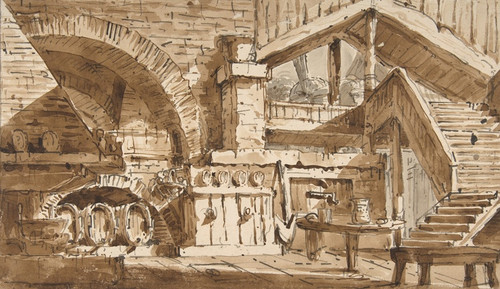 Digital Print - Design for a Stage Set Showing Interior of Rustic Kitchen ('Cucina Rustica') by Lorenzo Sacchetti