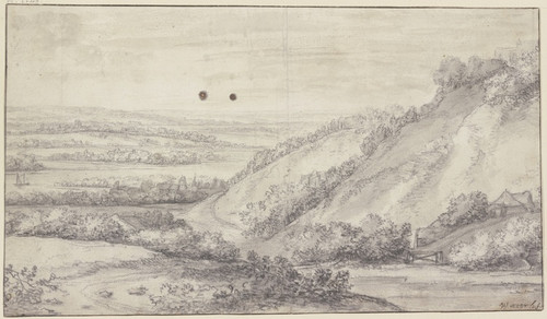Digital Print - Rechts ein Bergabhang mit mehreren Gebuden, in der Ferne ein Flu, viele Ortschaften im Gebsch by Antonie Waterloo