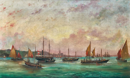 Digital Print - The Tall-Masted Steamer UNION under the Austro-Hungarian Merchant Flag amidst Numerous Fishing Boats off Piran, Slovenia by Basilio Ivankovic