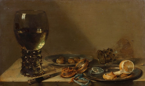 Digital Print - A large roemer, a silver knife, a gold pocket watch with blue ribbon, a pewter plate with a peeled lemon, with other objects on a ledge by Willem Claesz Heda