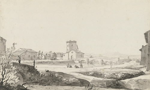 Digital Print - A village on a river with a three-arched bridge beside a small church and a fortified building beyond by Carlo Labruzzi