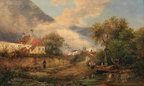 Digital Print - By the Fountain before the Village by Gustav Barbarini