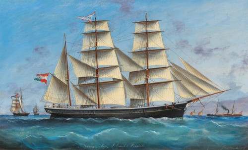Digital Print - The barque MARIA of Captain Emilio Persich sailing under all sails and the Austro-Hungarian merchant flag off the home coast by Basilio Ivankovic