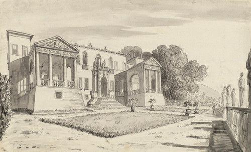 Digital Print - A view of a villa from a terrace with a balustrade surrounded by statues by Carlo Labruzzi