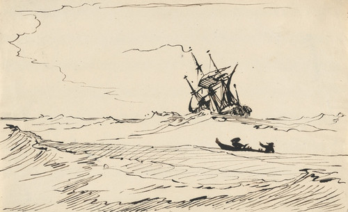 Digital Print - A Storm at Sea with a Large Ship and a Small Boat with Two Figures by Carl August Ehrensvrd