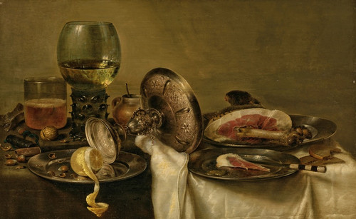 Digital Print - A partially draped table with an overturned tazza, roemer and glass of beer, with a partially peeled lemon and ham on pewter plates by Willem Claesz Heda