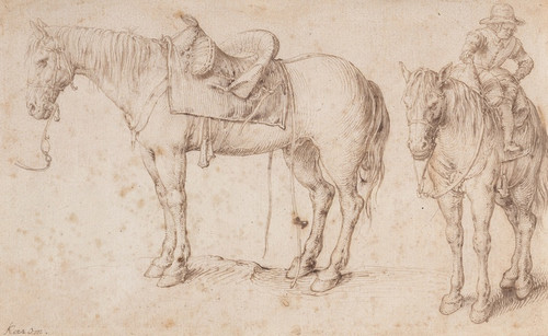 Digital Print - Two studies of a saddled horse and of a horse with a boy astride by Jacob de Gheyn II
