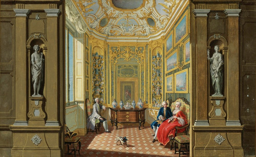 Digital Print - Elegant Figures Seated In The Picture And Porcelain Cabinet of a Palace by Giuseppe Zocchi