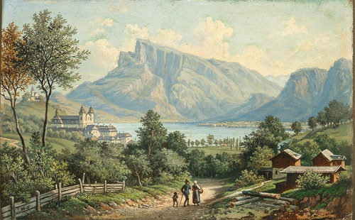 Digital Print - A View of Mondsee Monastery and the Drachenwand by Hubert Sattler