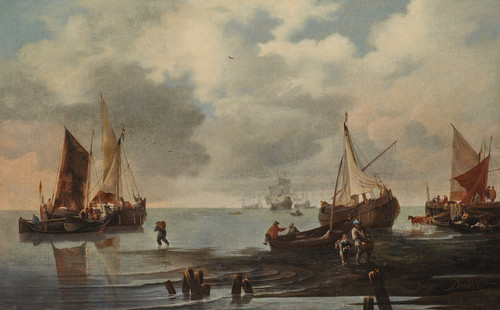 Digital Print - A calm with ships and fishermen along the shore by Hendrick Jacobsz. Dubbels