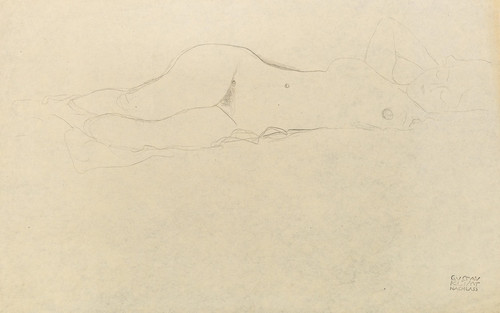 Digital Print - Reclining female nude with her hands behind her head by Gustav Klimt