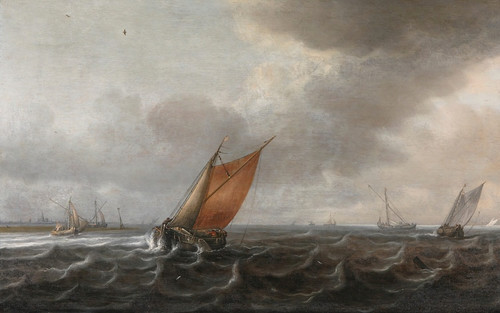 Digital Print - ARiver Estuary With Light Shipping In A Strong Breeze, A View Of Haarlem Beyond by Justus de Verwer