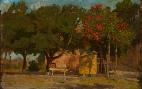 Digital Print - Htte mit Bank unter herbstlichen Bumen by Albert Lang