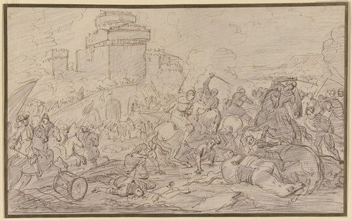 Digital Print - Reitergefecht vor einer Brcke, die auf eine Burg zufhrt by Charles Parrocel