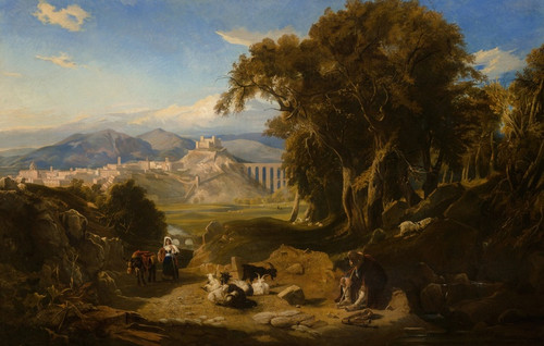 Digital Print - A view of the Umbrian campagna with Spoleto in the distance and a goatherd and his flock in the foreground by Thomas Hartley Cromek