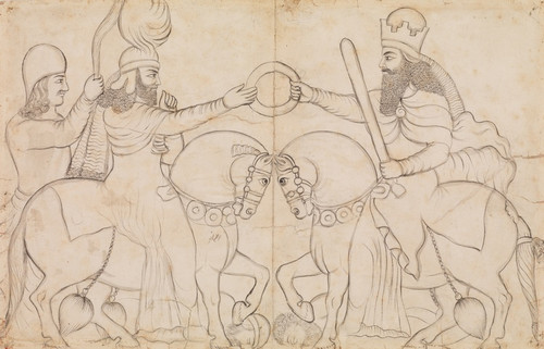 Digital Print - Drawing of Sasanian rock relief; Ardashir I (r. A.D. 224-241) and the Zoroastrian divinity Ahura Mazda at Naqsh-i Rustam, southern Iran by Lutf 'Ali Khan