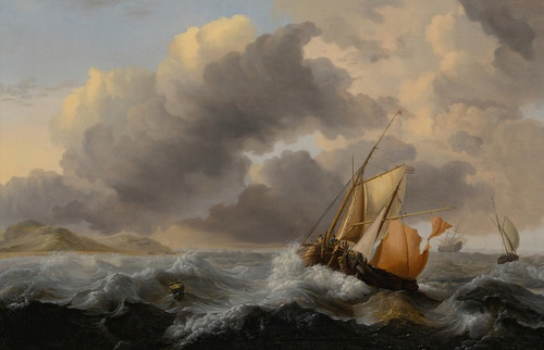 Digital Print - Ships in astormy sea, with a dune coast beyond by Jan Claesz. Rietschoof