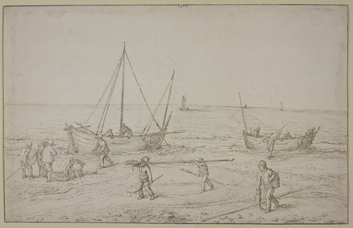 Digital Print - Meereskste mit Segelbooten und Fischern by Jacob de Gheyn II