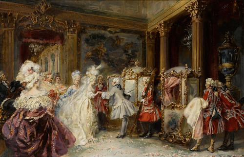 Digital Print - Elegant figures entering sedan chairs in an interior by Jean-Paul Sinibaldi