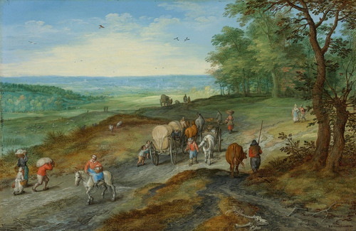 Digital Print - A Panoramic Landscape With A Covered Wagon And Travelers On A Highway by Jan Brueghel The Elder
