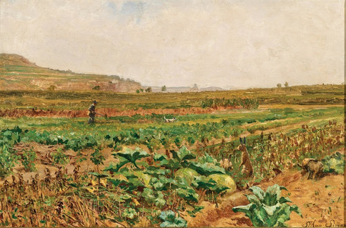 Digital Print - A Vegetable Field with a Hare and a Hunter in the Background by Stefan Simony