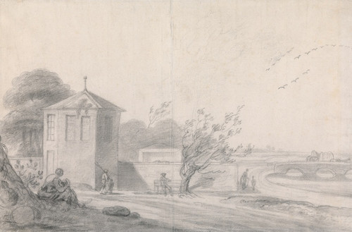 Digital Print - Riverside Scene with Figures, Hexagonal Building Left and Horse-Drawn Wagon Crossing Bridge at Right by Richard Wilson
