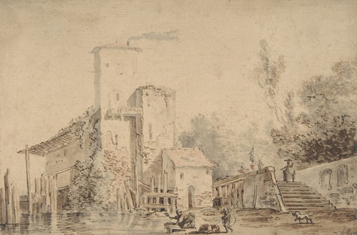 Digital Print - Farm House by a River with Figures by Louis Gabriel Moreau Digital Print - Farm House by a River with Figures by Louis Gabriel Moreau