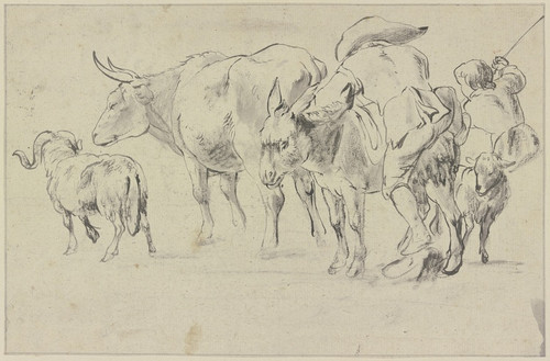 Digital Print - Hirte, der einen Esel besteigt, mit zwei Schafen und einer Kuh, rechts Skizze eines Hirtenbuben by Johann Heinrich Roos