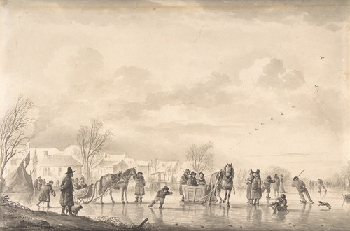Digital Print - Winter Landscape with Skaters and Horse-Drawn Sledges on the Ice, a Village Below by Andries Vermeulen
