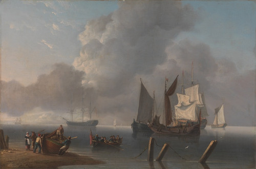 Digital Print - Warships Lying Offshore, the Commanding Admiral Being Rowed out to Join the Flagship, Her Sails Illu... by Charles Martin Powell