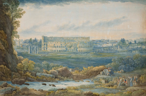 Digital Print - An extensive view of the Colosseum and the Arch of Constantine, with figures in the foreground by Abraham-Louis-Rodolphe Ducros