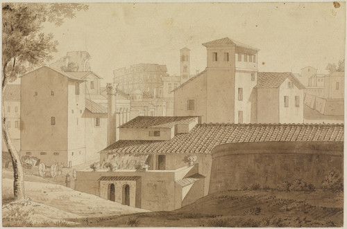 Digital Print - Blick vom Palatin zwischen Husern hindurch auf das Kolosseum in Rom by Carl Ludwig Frommel