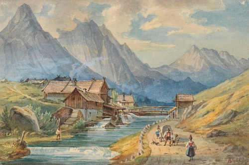 Digital Print - Dorf am Gebirgsbach by Anton Doll