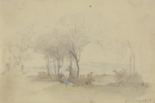 Digital Print - Unter einer Baumgruppe liegt ein Handwerksbursche in blauem Kittel by Jakob Frchtegott Dielmann