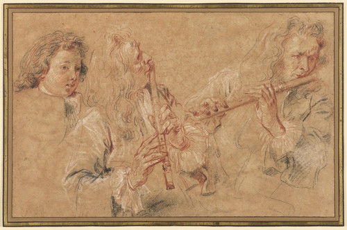 Digital Print - Two Studies of a Flutist and a Study of the Head of a Boy by Jean-Antoine Watteau