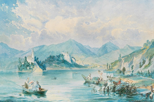 Digital Print - A view of Bled island in lake Bled in Slovenia by Ludwig Halauska