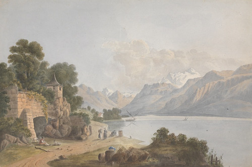 Digital Print - Mountainous Landscape with Lake, Gate and Figures by Isaac Weld