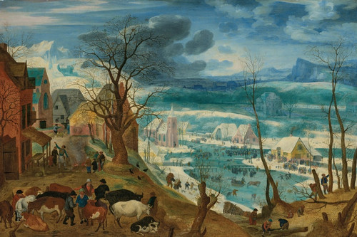 Digital Print - A winter landscape with peasants and cattle by a farmstead, with skaters on a frozen river beyond by Jacob Savery the Elder