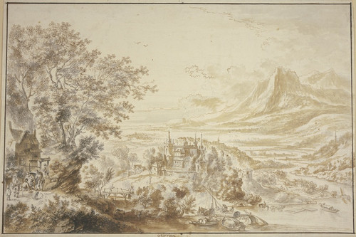 Digital Print - Ein Schloss an einem Fluss zwischen Bergen, links unter einer Baumgruppe ein Haus, dabei einige Figuren by Jan Griffier