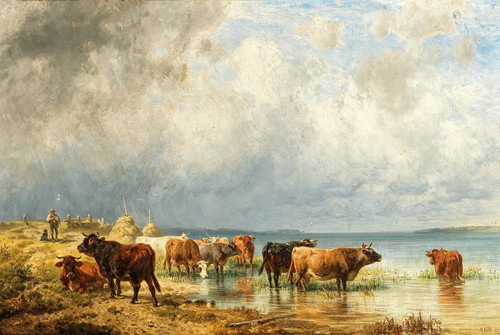 Digital Print - Herde mit Schafen am See by Friedrich Voltz