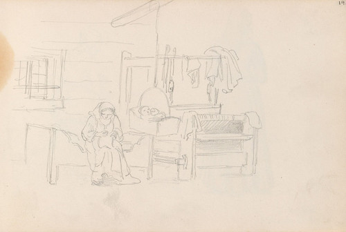 Digital Print - Interir med seng, hengevugge, vev og figurer, Spttungen by Adolph Tidemand