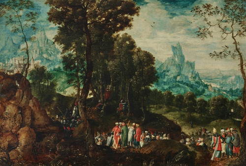 Digital Print - Saint John the Baptist preaching in the wilderness with the Baptism of Christ in the background by Herri met de Bles
