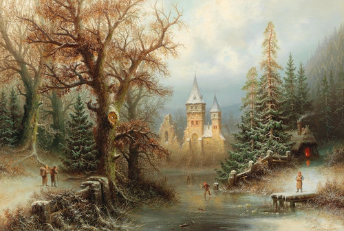 Digital Print - Romantic Winter Landscape With Ice Skaters By A Castle by Albert Bredow