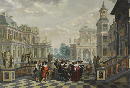 Digital Print - An ElaboratePalace Courtyard With Elegant Company Proceeding Towards A Great Staircase by Dirck Van Delen