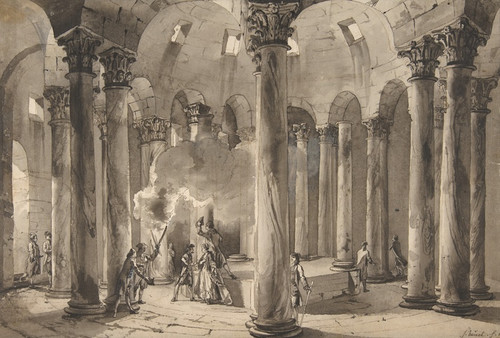 Digital Print - Visitors with Torches Inside a Circular Building by Jean Pierre Louis Laurent Hoel